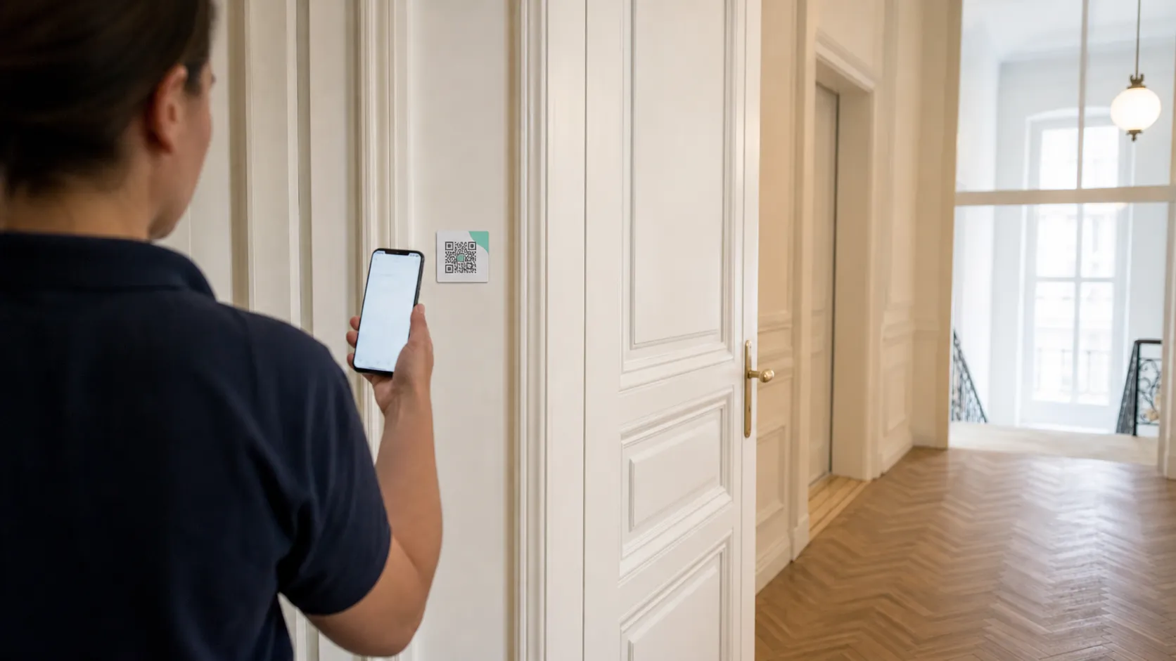 Illustrative Szene: Eine Person öffnet eine Checkliste per QR-Code an einer Apartmenttür.