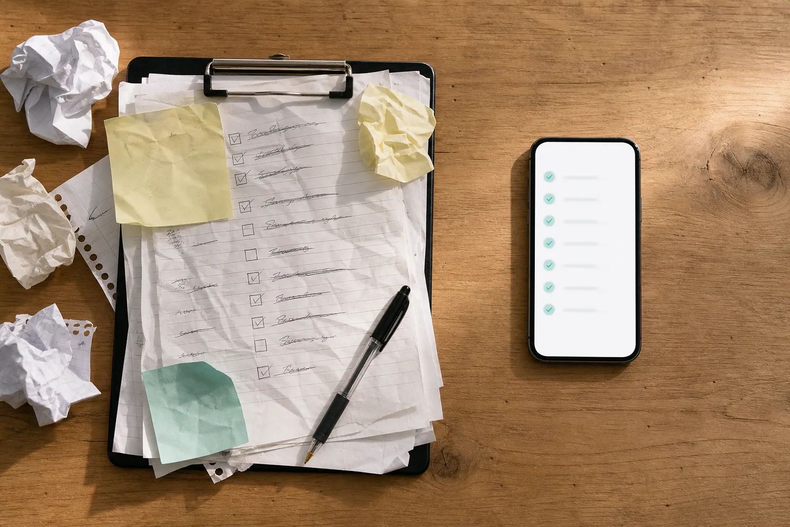 Zerknitterte Papier-Checklisten neben einem Smartphone mit digitaler Checkliste, der Umstieg von Papier auf digital.