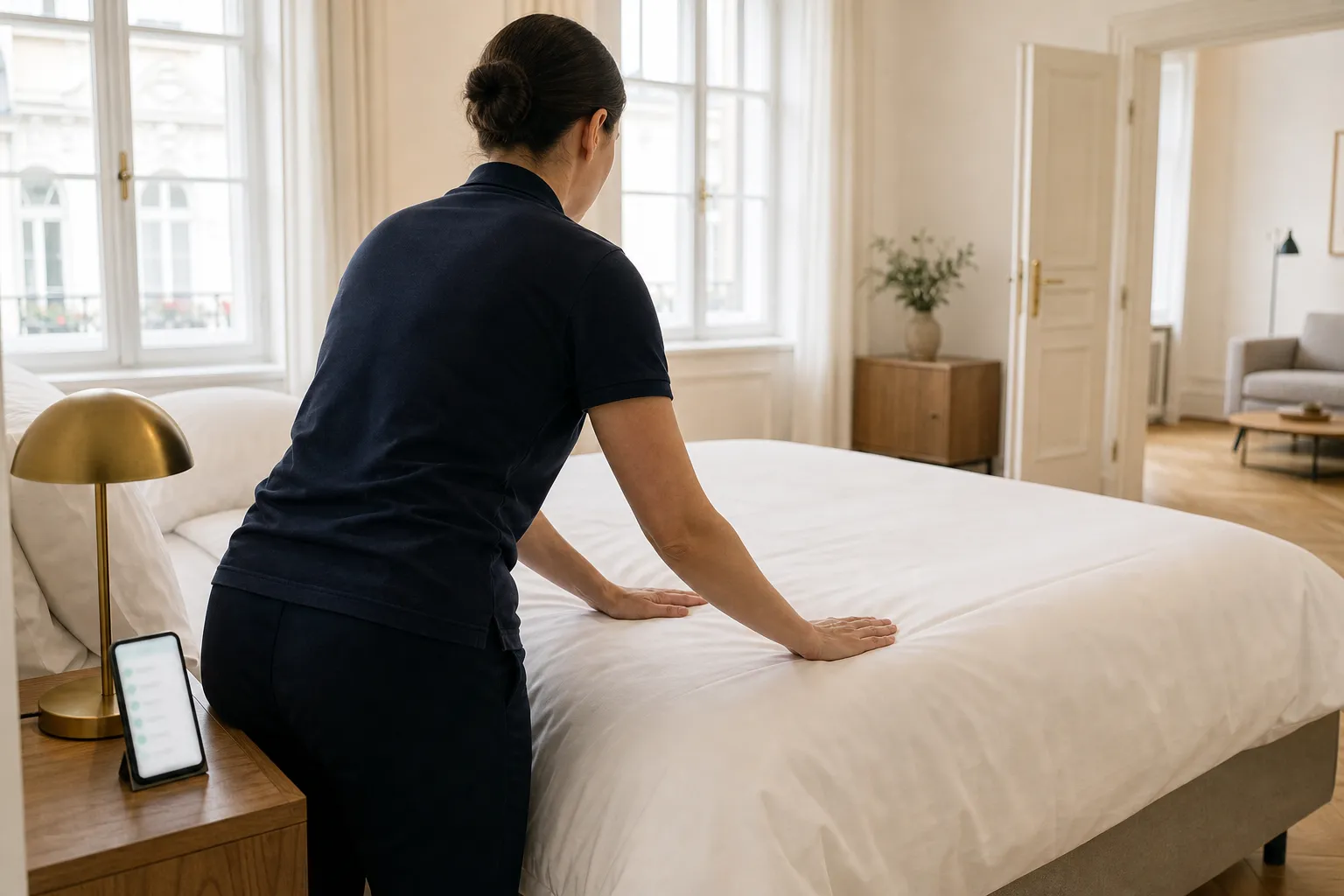 Reinigungskraft bezieht das Bett in einem hellen Apartment, die digitale Checkliste läuft am Smartphone auf dem Nachttisch mit.