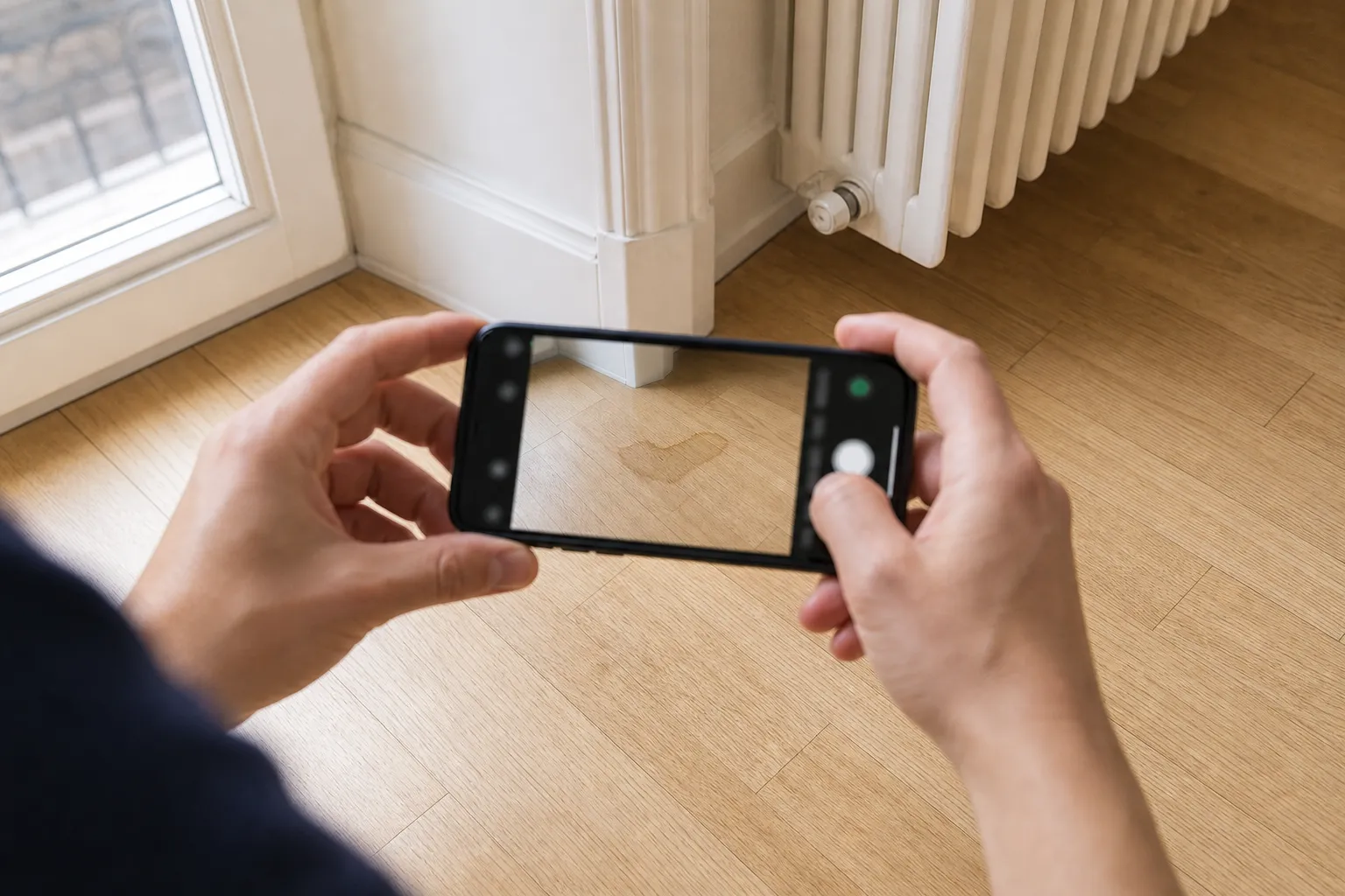 Hände fotografieren einen Wasserfleck am Parkett mit dem Smartphone, Schadensmeldung mit Foto-Beweis.