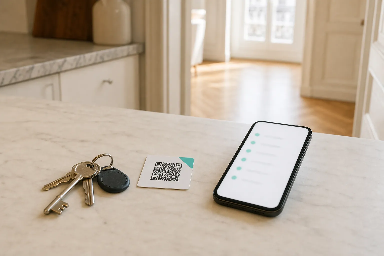 Schlüssel, QR-Karte und Smartphone auf der Küchenzeile, bereit für den nächsten Gast.