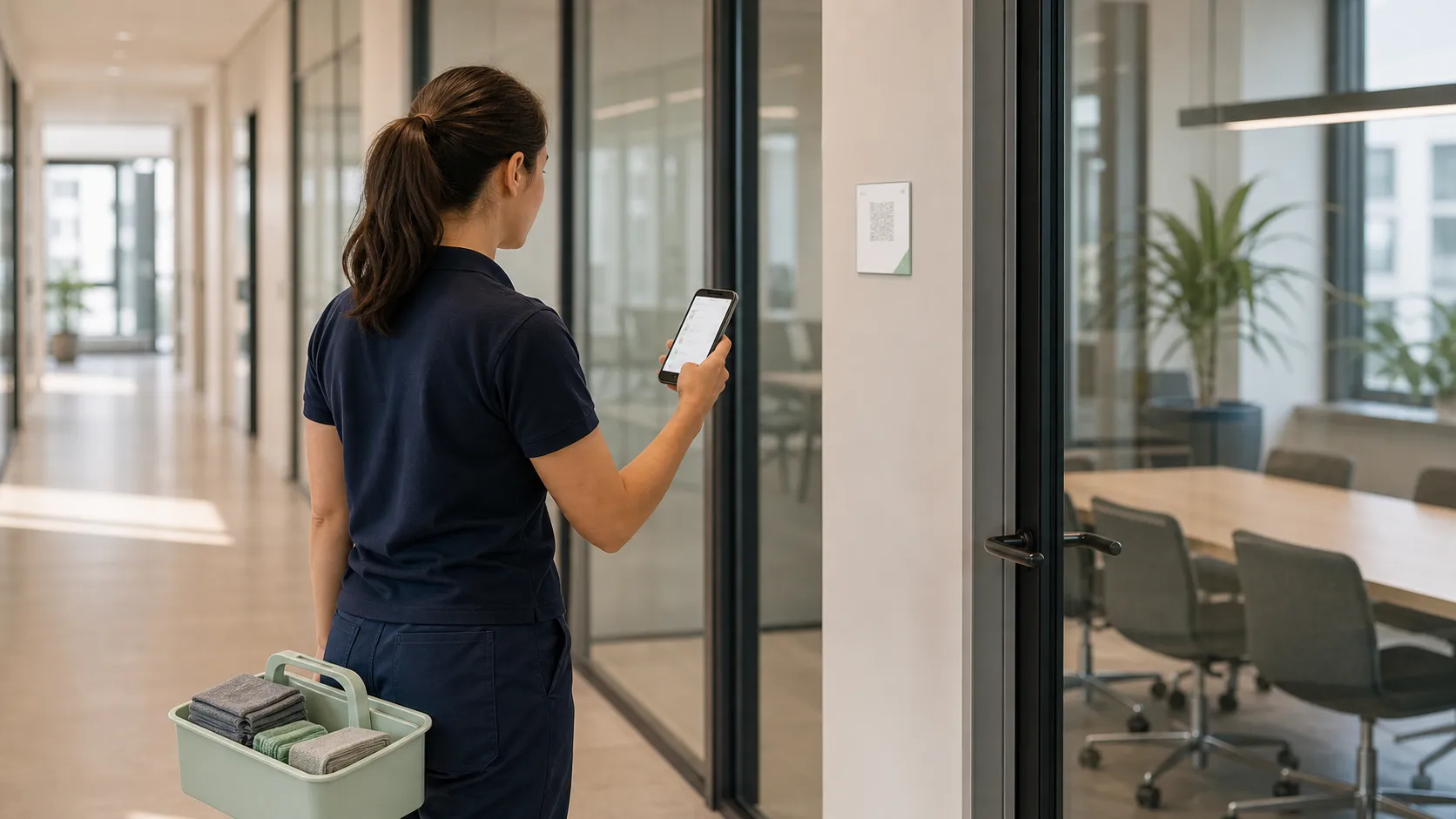 Reinigungskraft scannt den QR-Code am Besprechungsraum, der Reinigungsnachweis wird digital erfasst.
