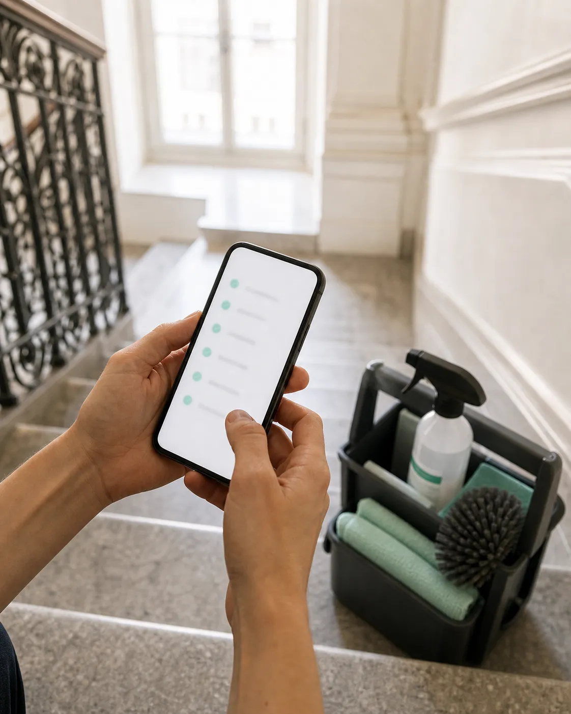 Reinigungsnachweis am Smartphone direkt im Treppenhaus, abgehakt mit Zeitstempel.