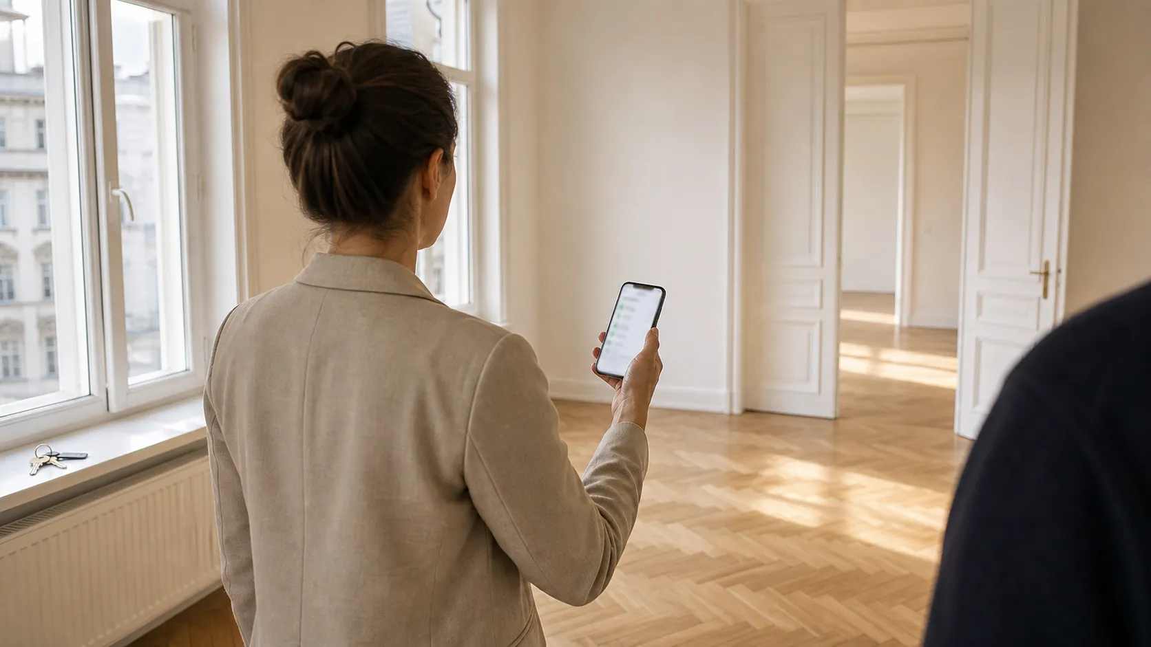 Wohnungsübergabe in einer leeren Altbauwohnung, digital dokumentiert per Checkliste am Smartphone.