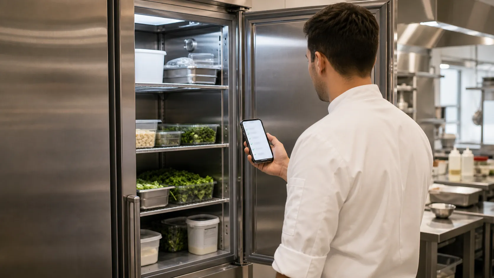 Temperatur- und Hygienekontrolle am Gastro-Kühlschrank, dokumentiert per Smartphone-Checkliste.