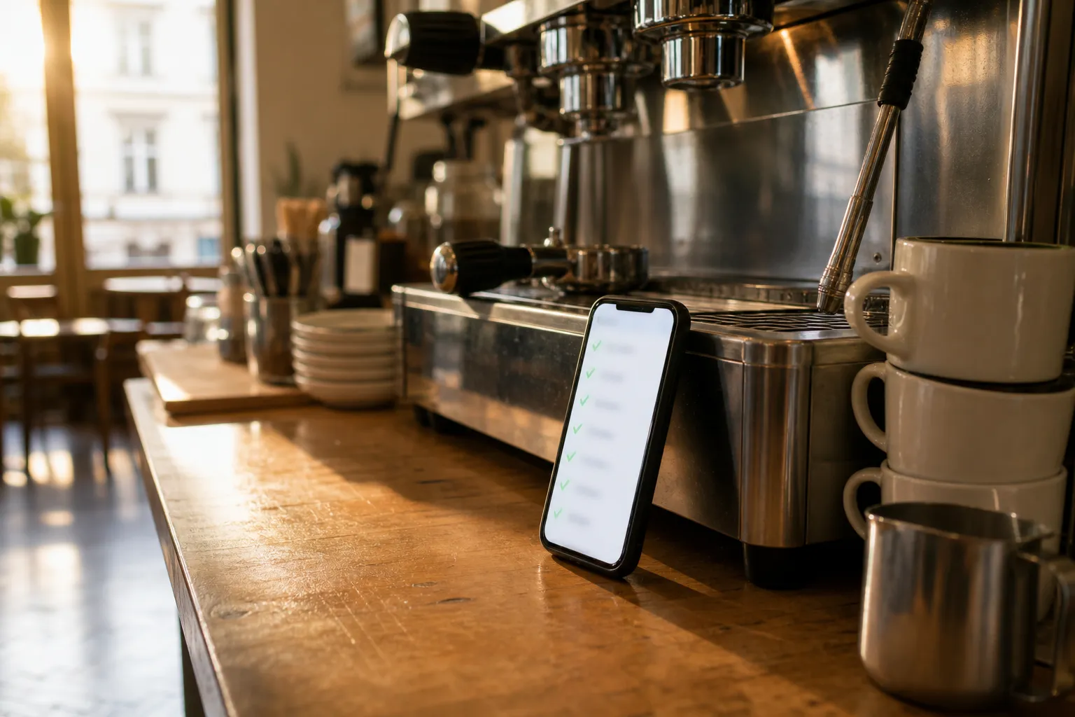 Morgendliche Öffnen-Checkliste im Café, bevor der erste Gast kommt.