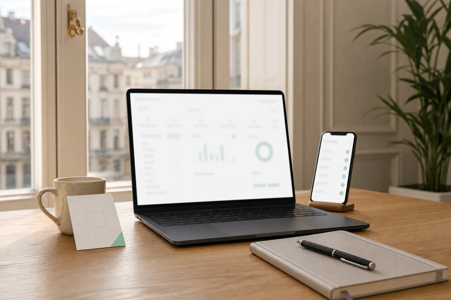 Arbeitsplatz mit Laptop und Notizen zur Organisation von Vor-Ort-Abläufen.