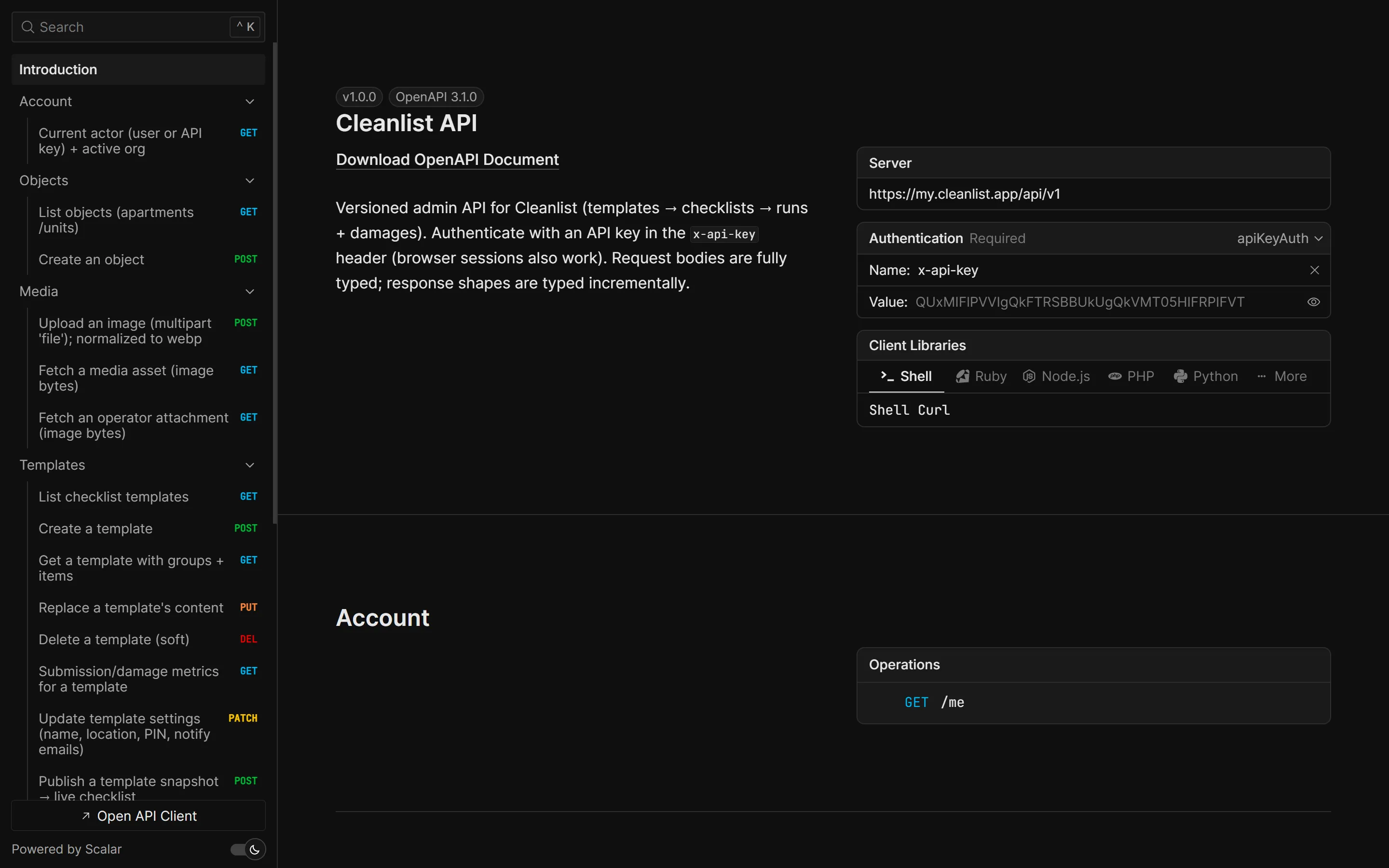 Screenshot: OpenAPI-Dokumentation der Cleanlist-API mit Endpunkten und API-Key-Authentifizierung.