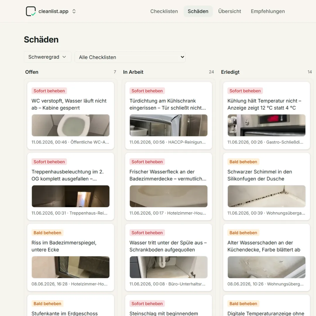 cleanlist.app-Schadensmeldungen mit Foto, Schweregrad und Status.