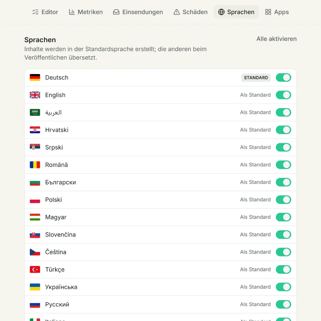 Echte Sprachverwaltung: Checklisten übersetzen und Sprachen aktivieren.