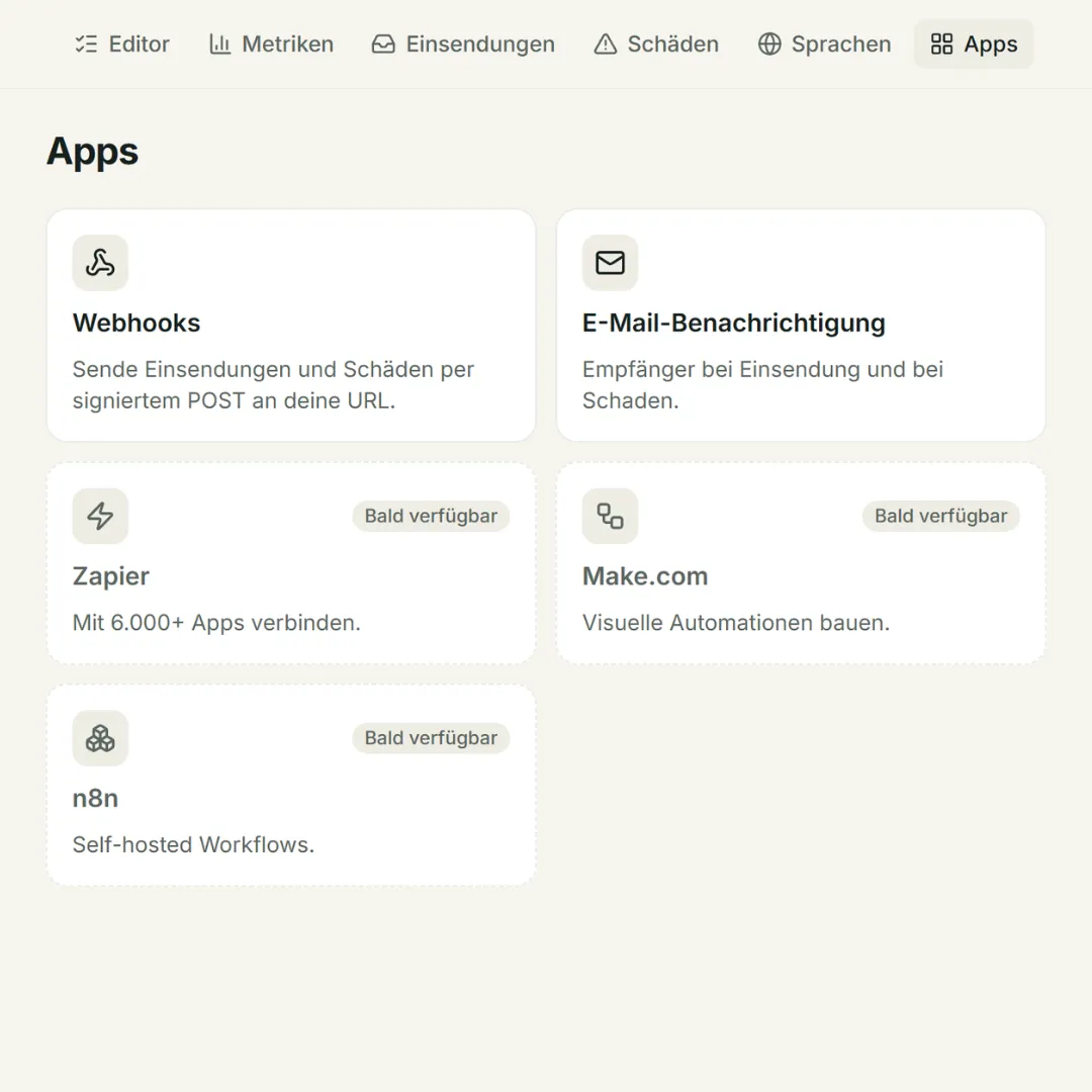 cleanlist-Apps: Webhooks, E-Mail-Benachrichtigung und Integrationen für n8n, Make und Zapier.