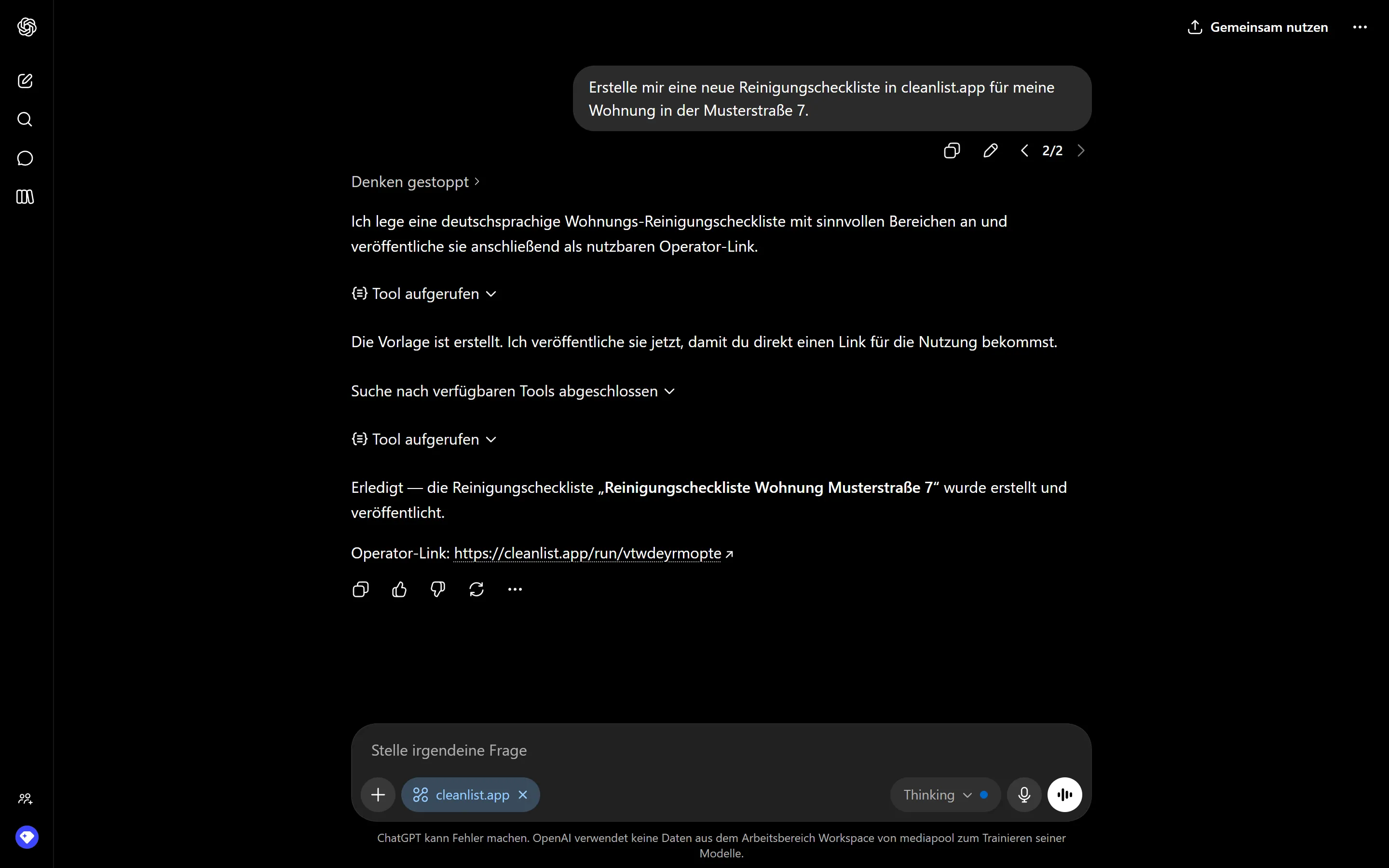 Screenshot: Checkliste per Chat im eigenen ChatGPT erstellen, mit veröffentlichtem Operator-Link (MCP-Anbindung).