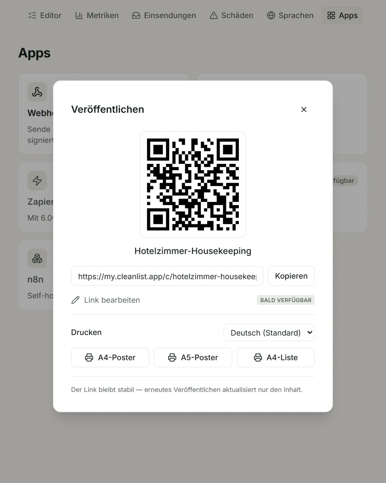 Screenshot: Link- und QR-Teilen-Dialog, Schritt 2: Teilen.