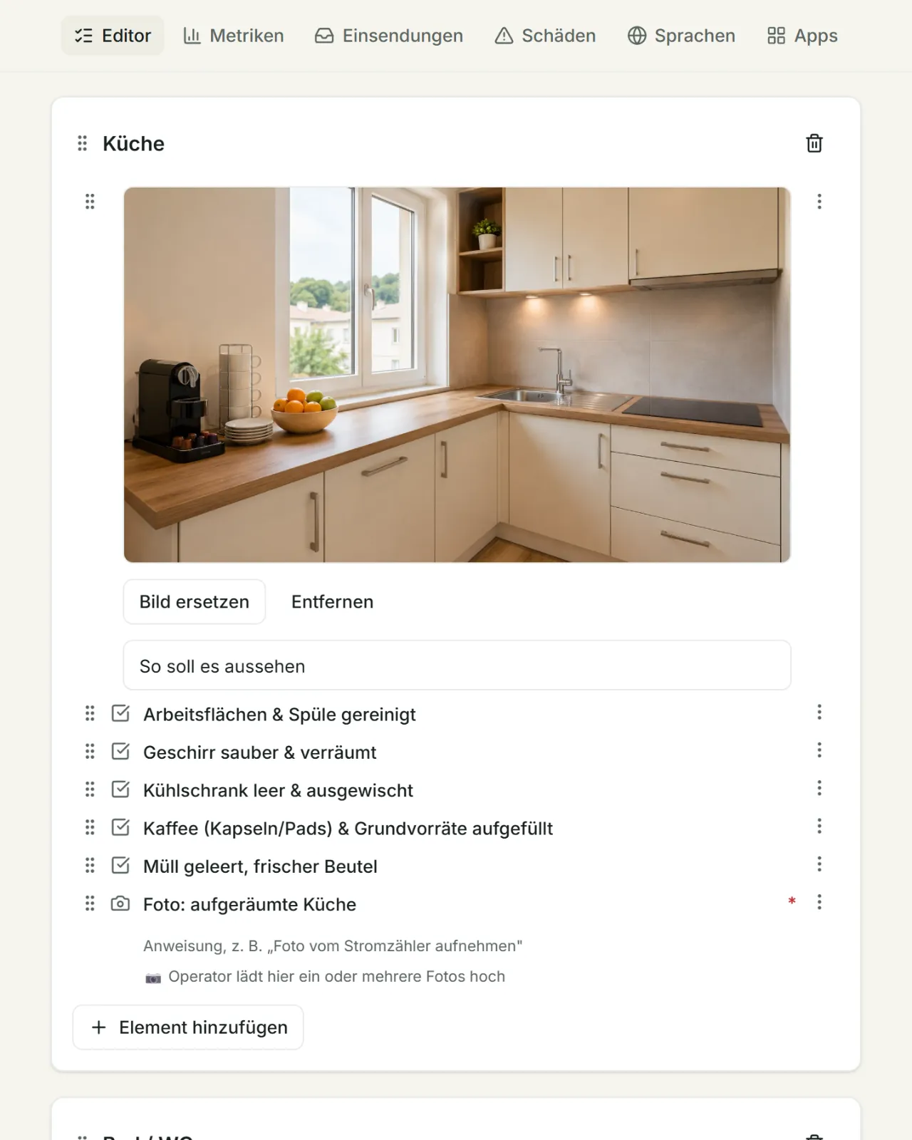 Screenshot: Checklisten-Editor mit Gruppen und Aufgaben.