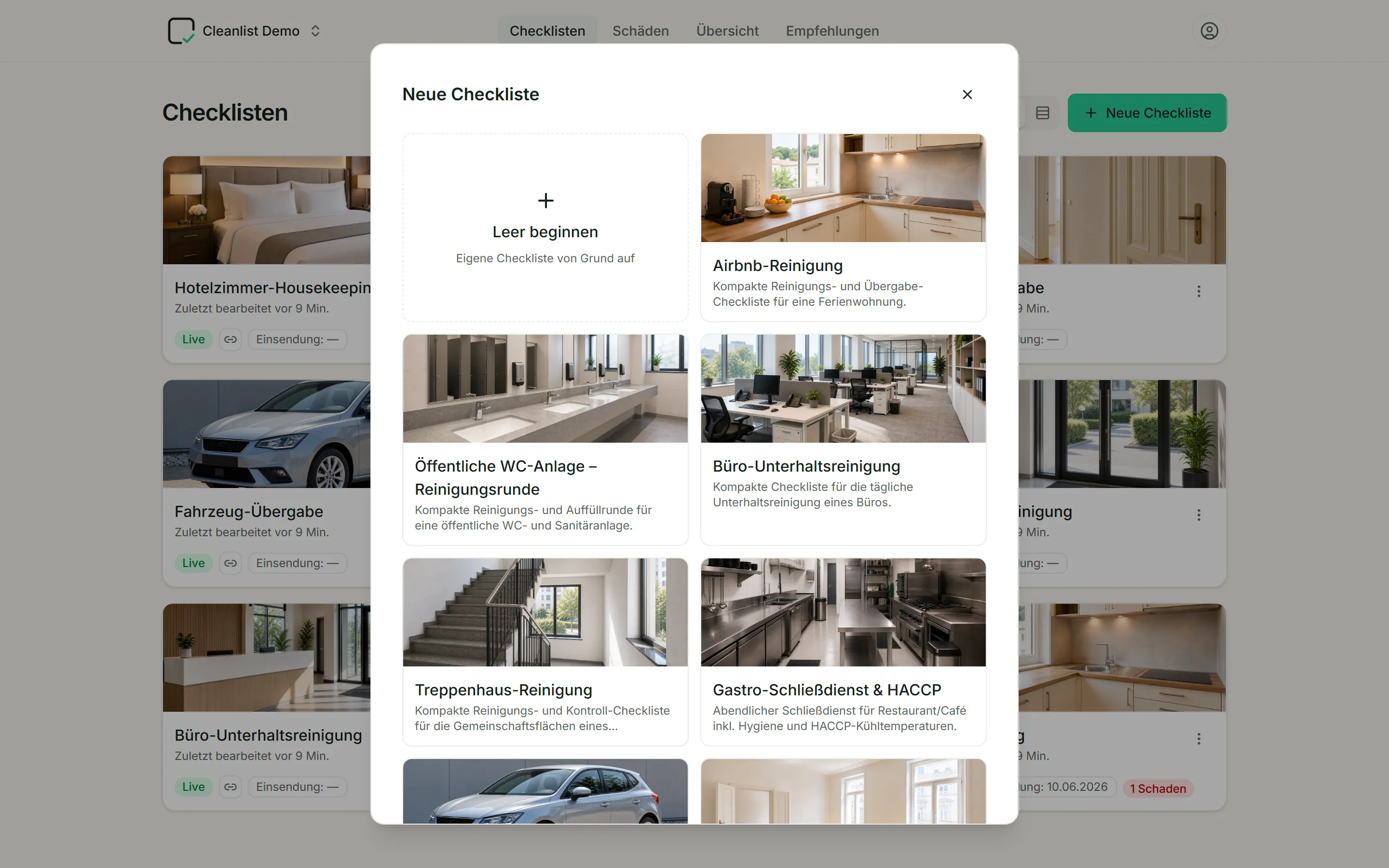 Vorlagen-Galerie in der cleanlist-App: fertige Checklisten für Airbnb-Reinigung, WC-Anlage, Büro, Treppenhaus und Gastro/HACCP.