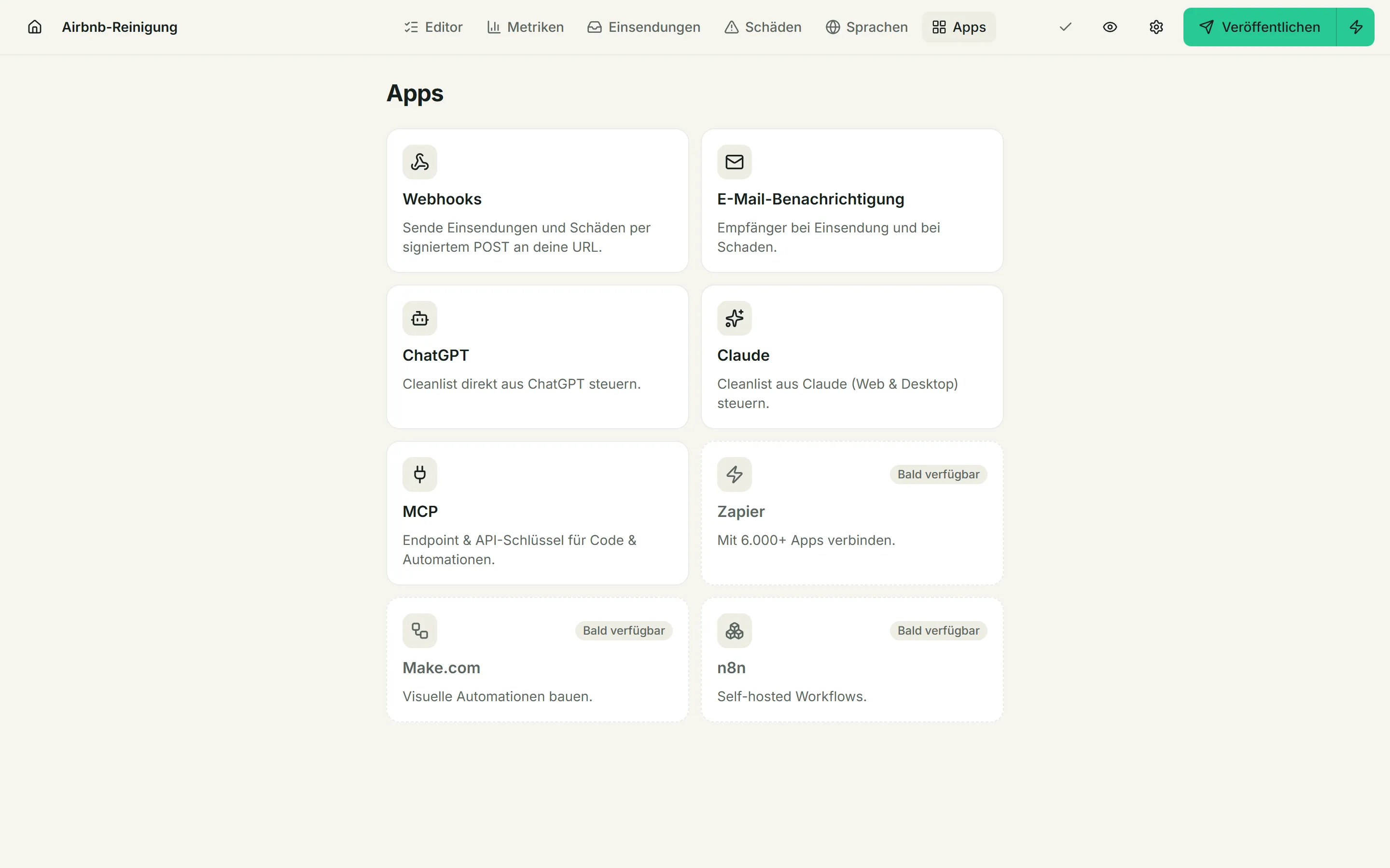 Screenshot: Apps mit Webhooks, E-Mail-Benachrichtigung und Integrationen für n8n, Make und Zapier.