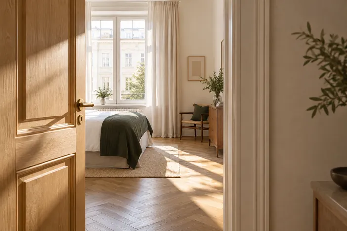 Blick durch eine offene Eichentür in ein vorbereitetes, sonniges Apartment.