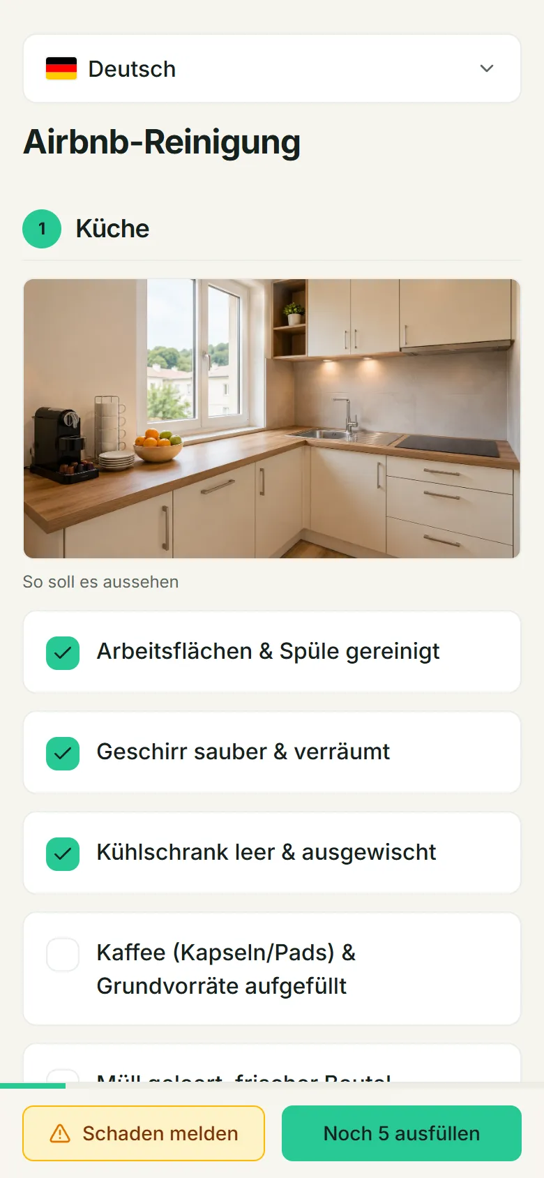 Screenshot: Vorlage „Airbnb-Wechselreinigung“ in der mobilen Ansicht.