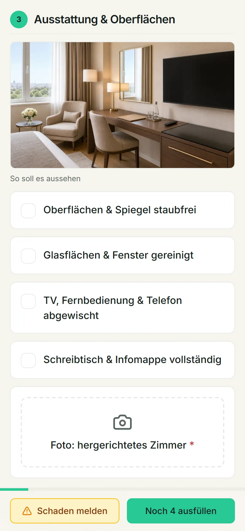 Operator-Ansicht am Smartphone: Aufgaben mit Pflicht-Foto direkt in der Checkliste.