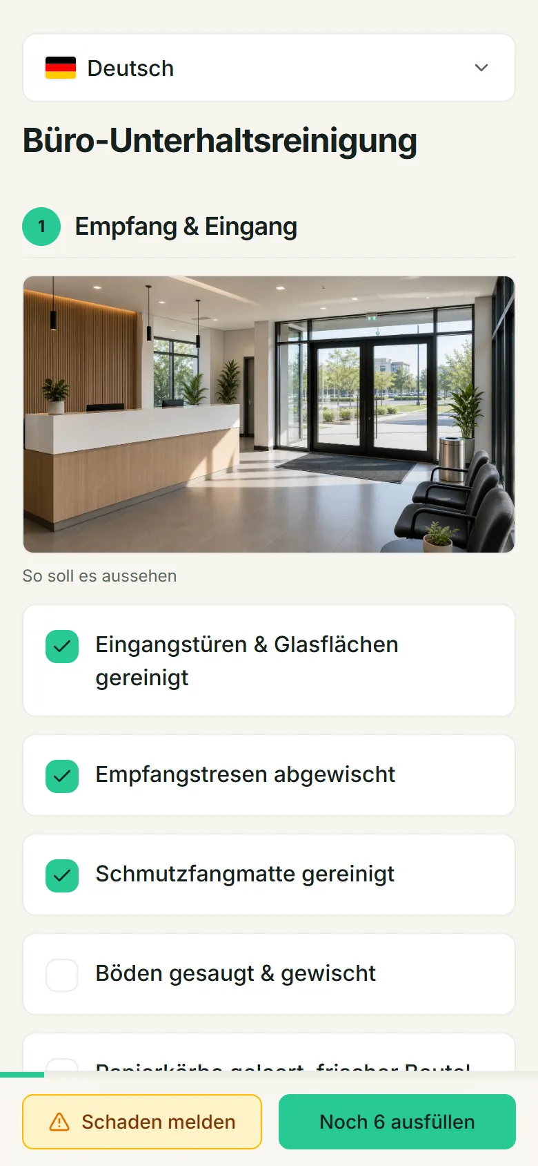 Screenshot: Vorlage „Büro-/Unterhaltsreinigung“ in der mobilen Ansicht.