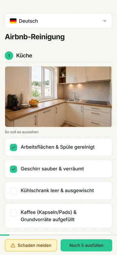 Echte cleanlist.app-Ansicht: Airbnb-Reinigung mit Aufgaben, Referenzfoto und Sprachwahl.