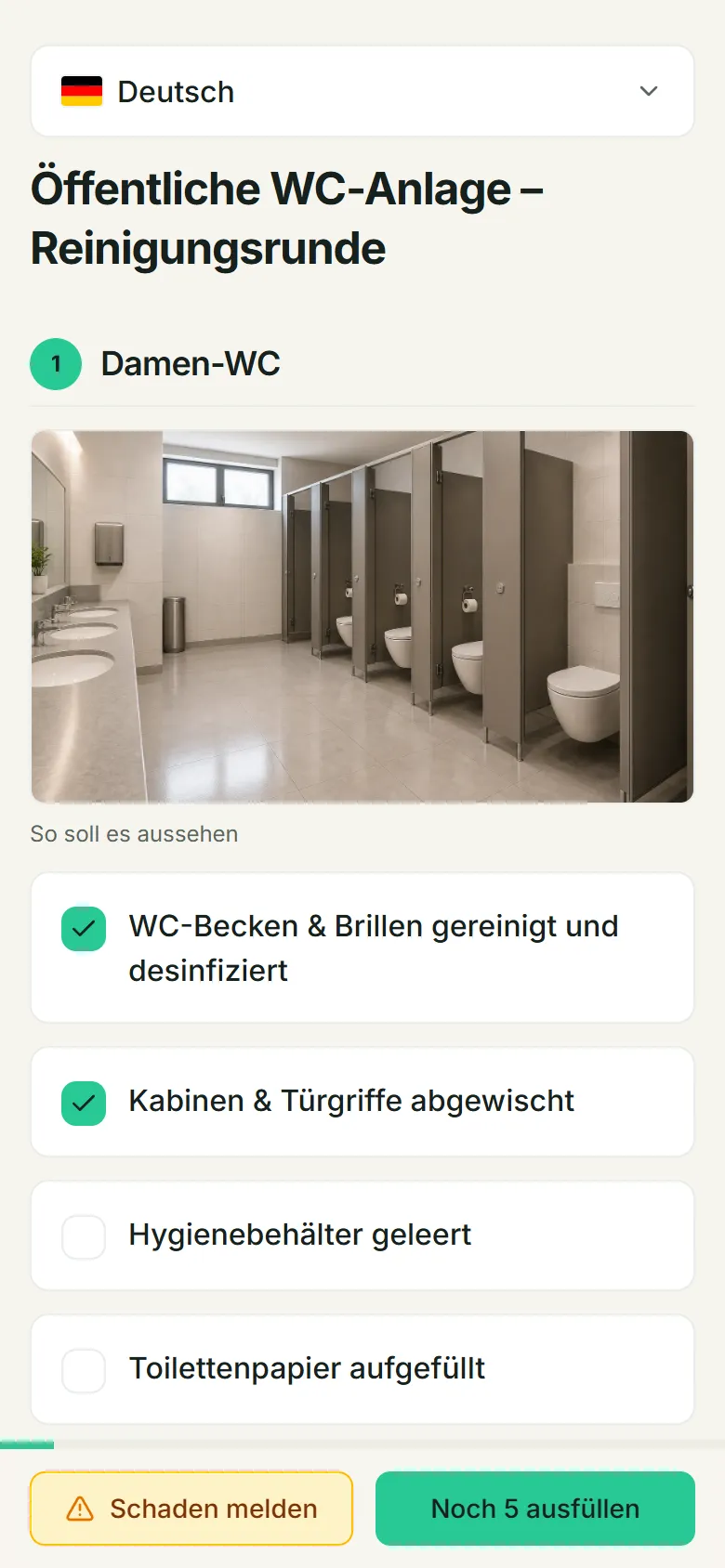 WC-Kontrollgang am Smartphone: Damen-WC mit Referenzfoto, abgehakte Reinigungspunkte und Schaden melden.