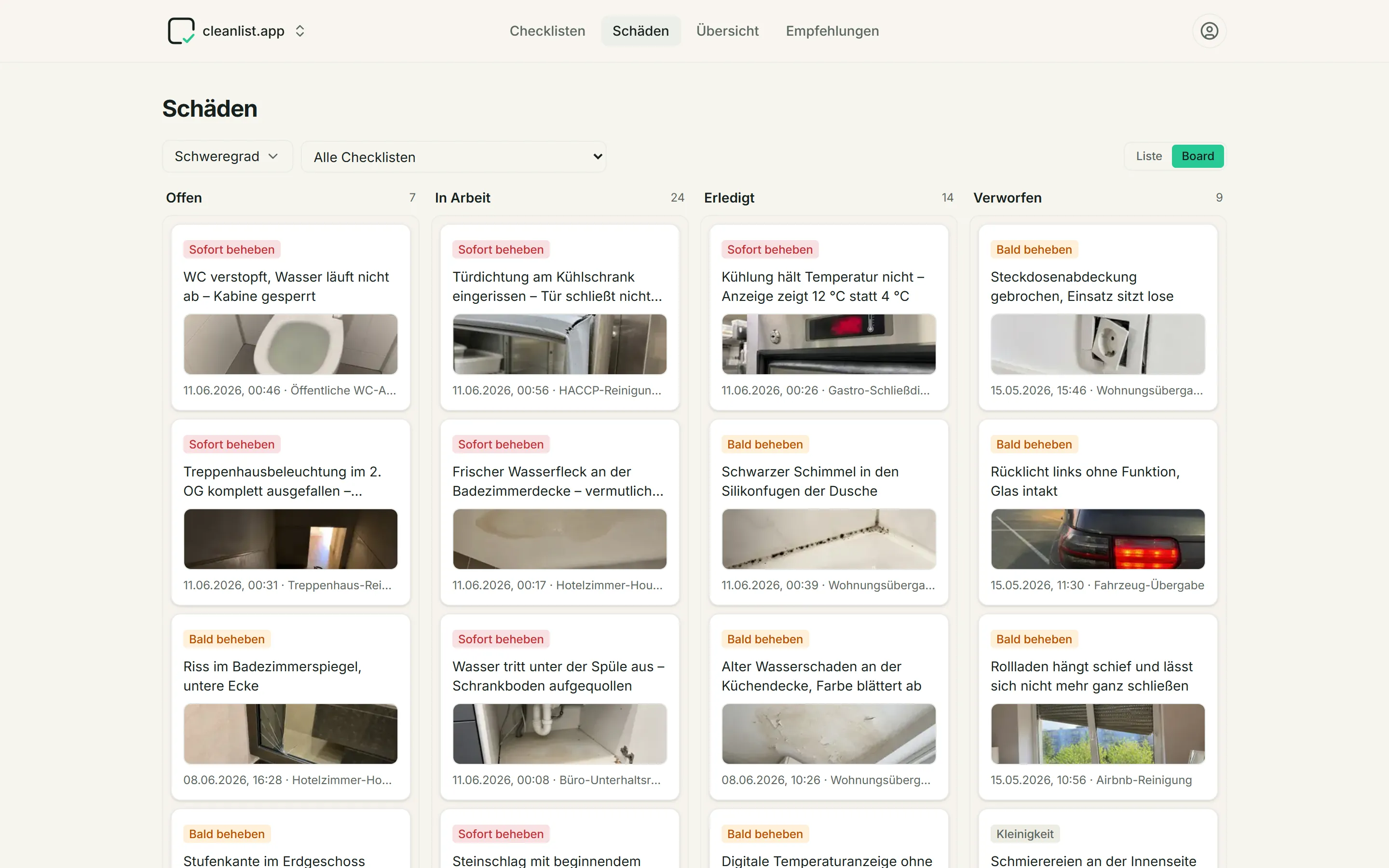 Screenshot: Schadenliste im Dashboard mit Schweregrad-Badges und Status.