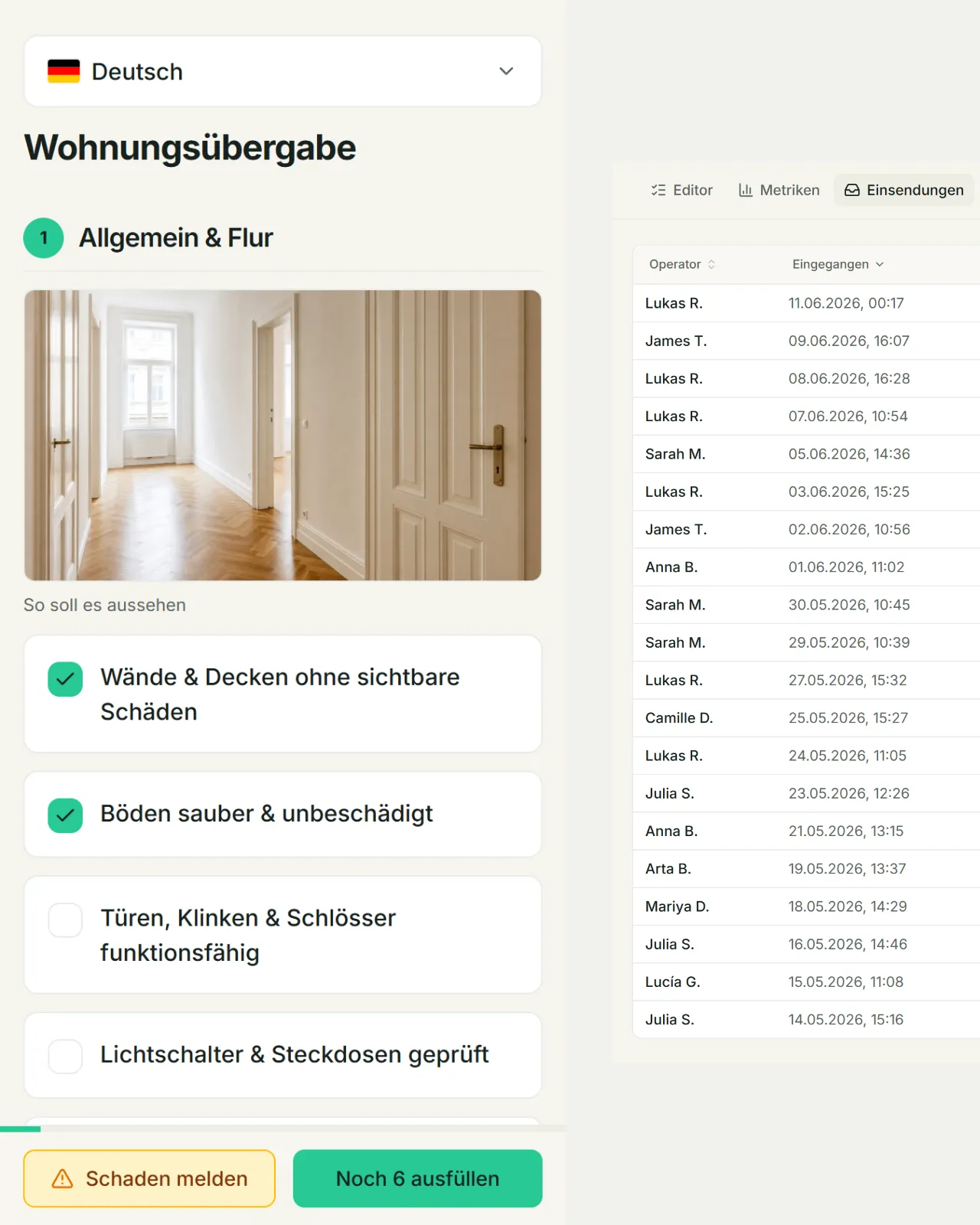 Screenshot: Checkliste am Handy ausfüllen und Einsendungen live im Dashboard, Schritt 3: Nachweisen.