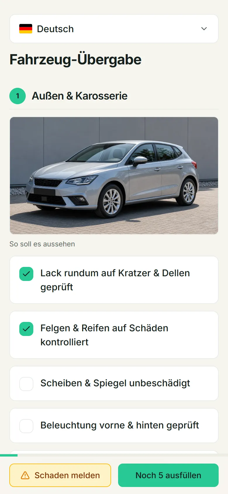 Screenshot: Vorlage „Fahrzeug-/Flotten-Übergabe“ in der mobilen Ansicht.