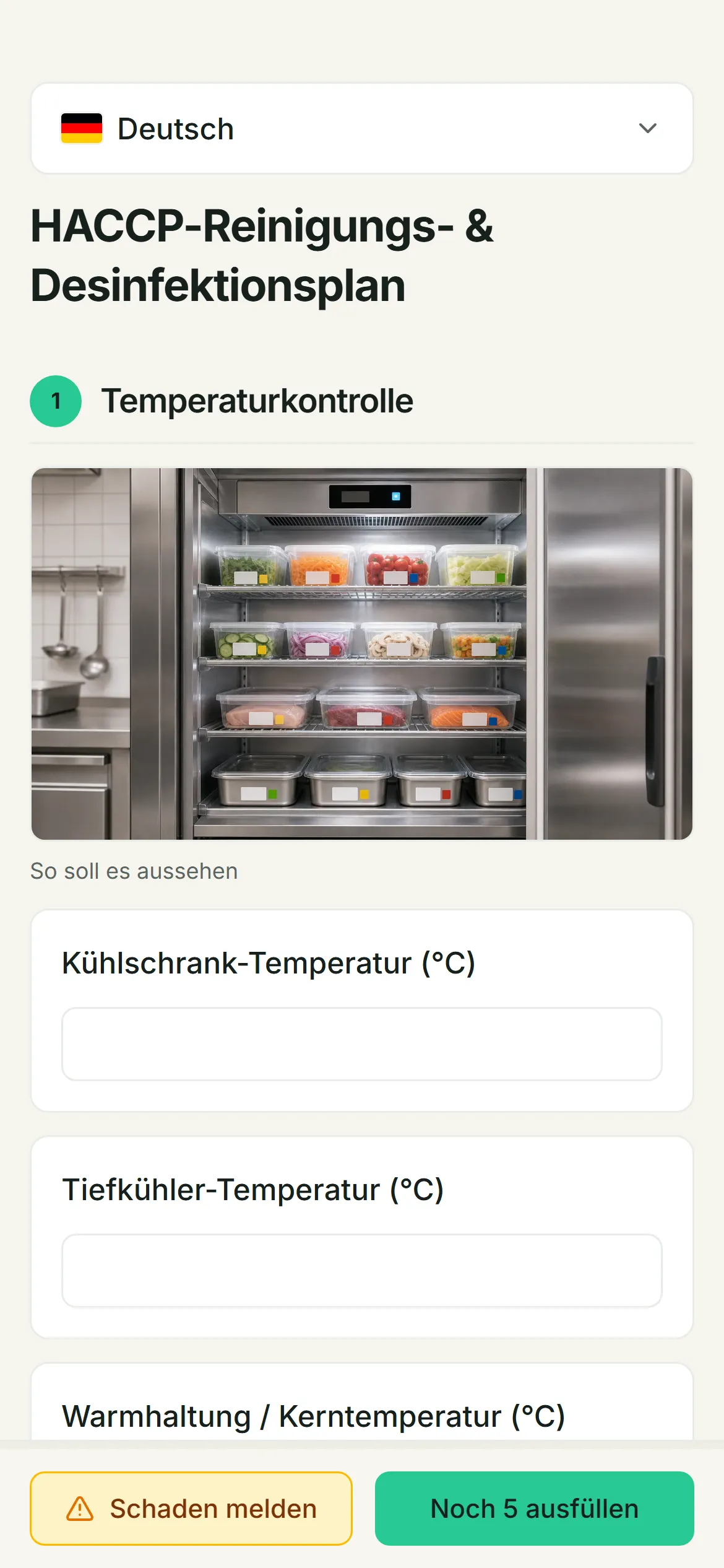 Screenshot: Vorlage „HACCP-Reinigungs- & Desinfektionsplan“ in der mobilen Ansicht.
