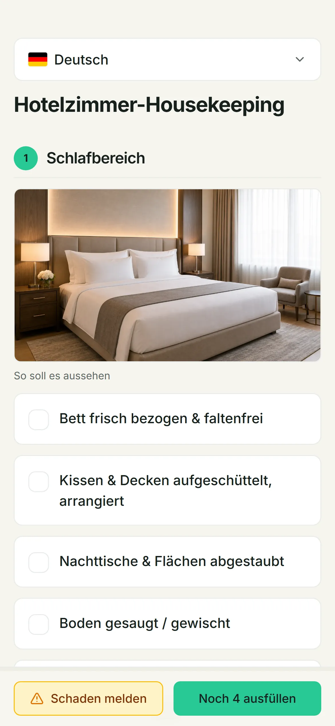 Screenshot: Vorlage „Hotelzimmer-Housekeeping“ in der mobilen Ansicht.