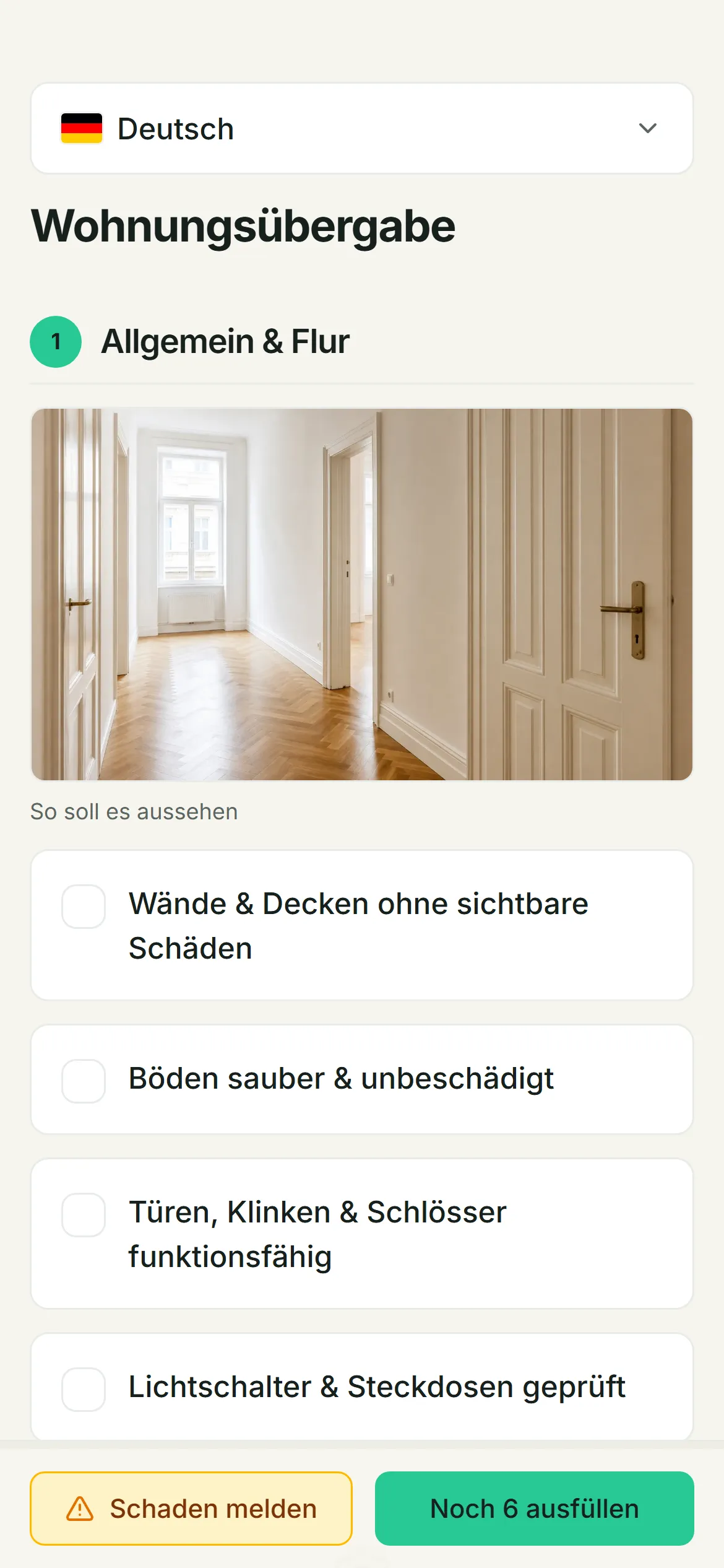 Screenshot: Vorlage „Wohnungsübergabe“ in der mobilen Ansicht.